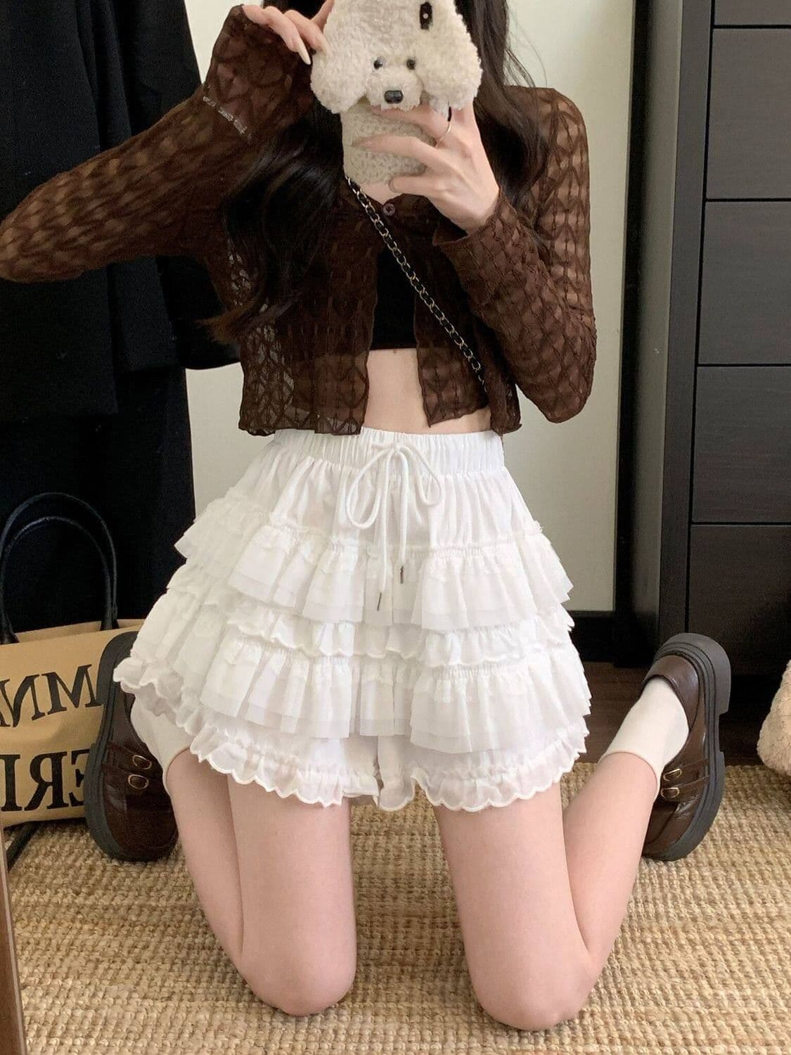 달콤한 스타일 레이스 측면 케이크 바지 펌프 로프 캐주얼 바지 여성 새로운 하이웨이스트 슬림해 보이는 치마바지 다용도 한 마디 반바지 상세 이미지 15