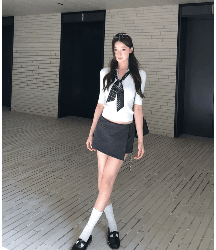 한 부서 학원 스타일 넥타이 폴로 칼라 반팔 니트 스웨터 여성 여름 2026 새로운 페이크 레이어드 몸매 가꾸기 슬림해 보이는 맨위 상세 이미지 7