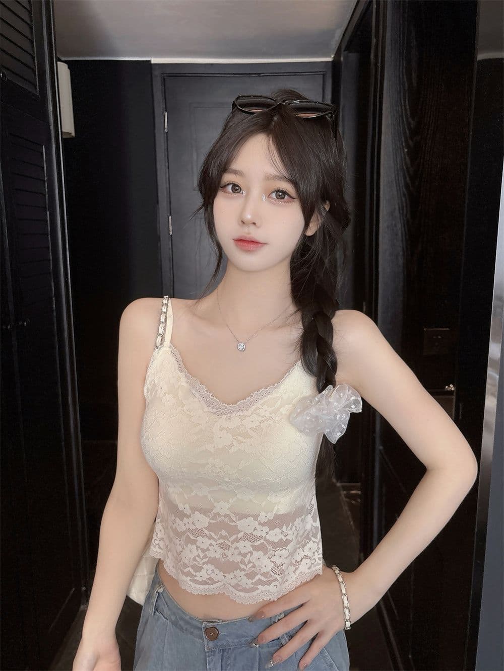 벨트 가슴 패드 순수한 욕망 바람 레이스 얼음 실크 캐미솔 여름 인사이드 가져 가라. 아름다움 뒤로 튜브탑 V넥 맨위 상세 이미지 5