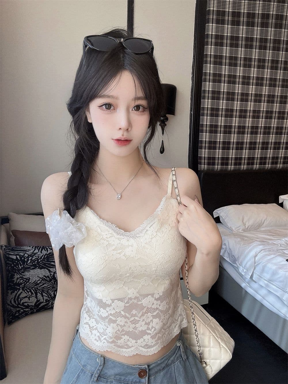 벨트 가슴 패드 순수한 욕망 바람 레이스 얼음 실크 캐미솔 여름 인사이드 가져 가라. 아름다움 뒤로 튜브탑 V넥 맨위 상세 이미지 6