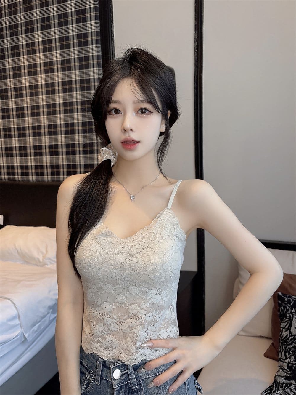 벨트 가슴 패드 순수한 욕망 바람 레이스 얼음 실크 캐미솔 여름 인사이드 가져 가라. 아름다움 뒤로 튜브탑 V넥 맨위 상세 이미지 19