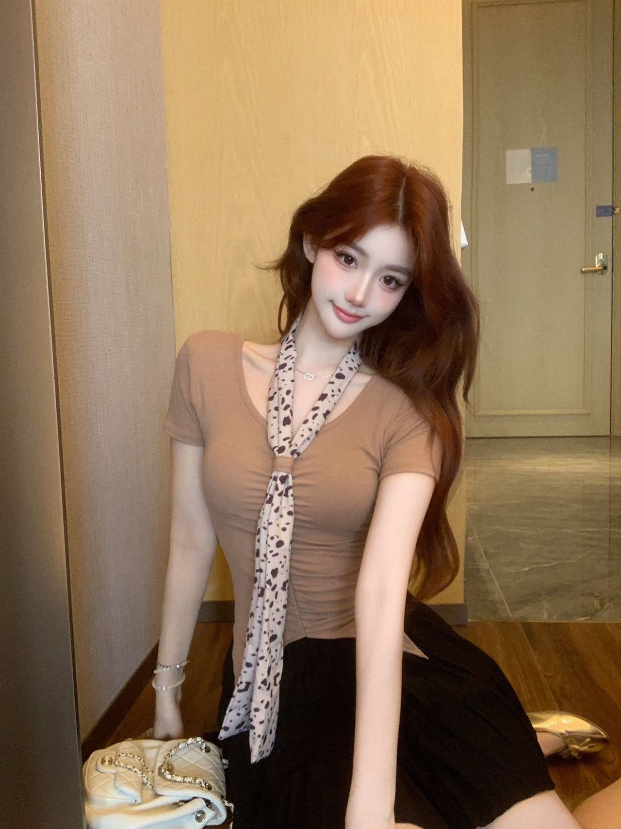 한 부서 레오파드 무늬 리본 V넥 반팔 티셔츠 여성 여름 벨트 가슴 패드 몸매 가꾸기 슬림해 보이는 인사이드 가져 가라. 외출용 핫걸 바람 맨위 상세 이미지 21