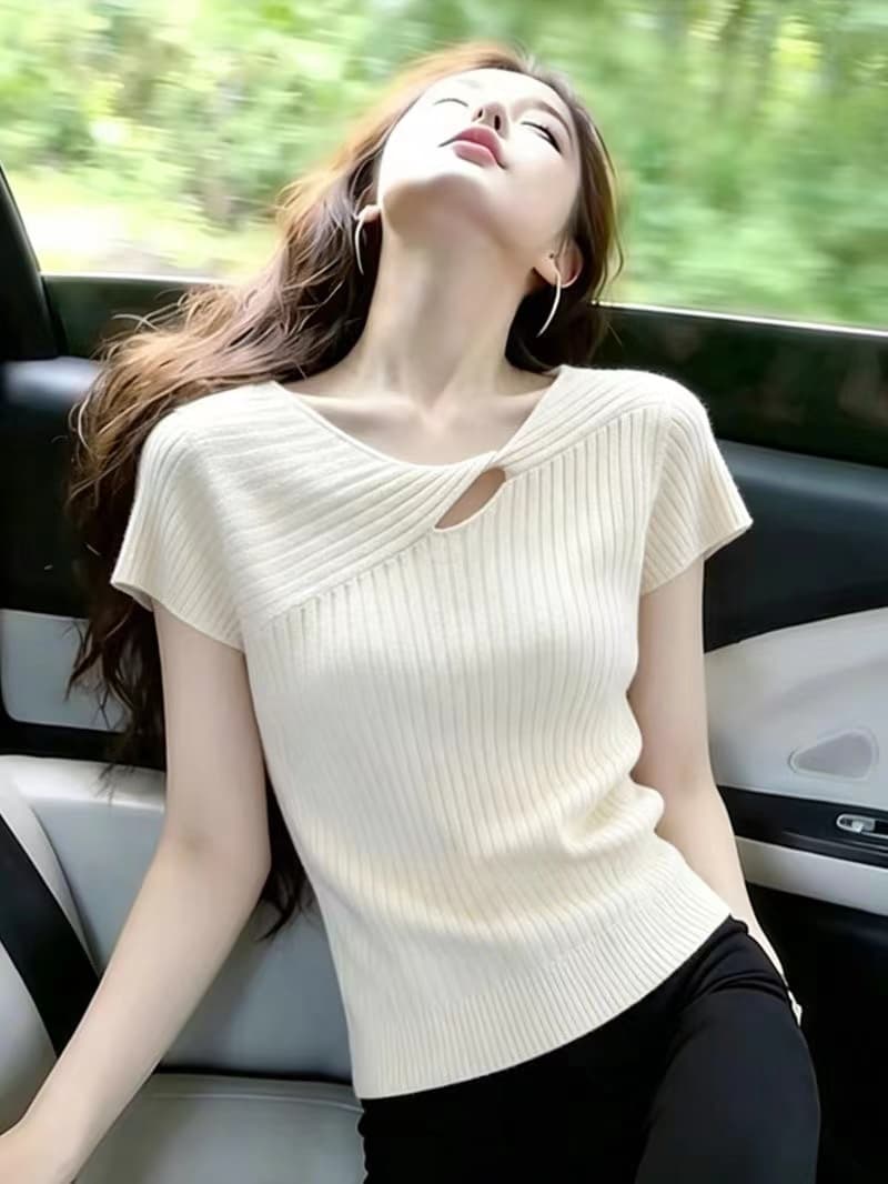 있음 선적 홀로우 아웃 반팔 니트 스웨터 여성 여름 새로운 슈퍼 잘 생긴 다용도 출퇴근 외국 가스 맨위 이미지 2