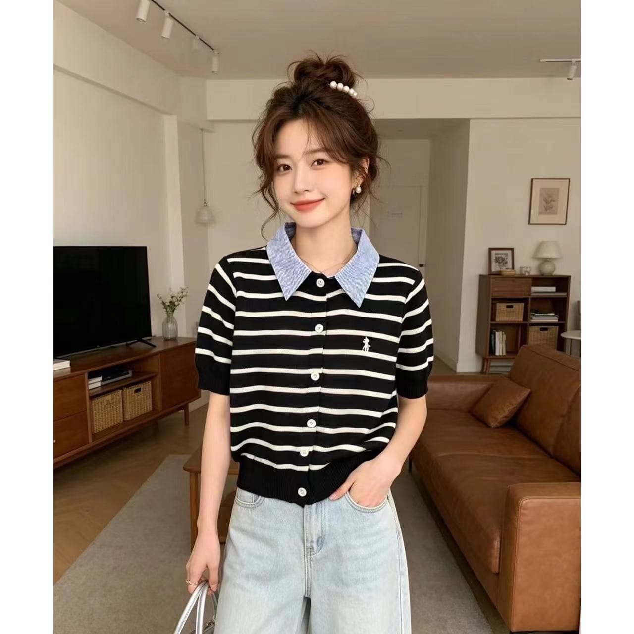 2026 학원 스타일 셔츠 칼라 패치워크 자수 스트라이프 반팔 오픈 가디건 이미지 5