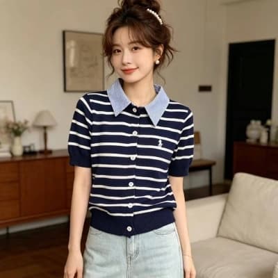 2026 학원 스타일 셔츠 칼라 패치워크 자수 스트라이프 반팔 오픈 가디건 상세 이미지 1