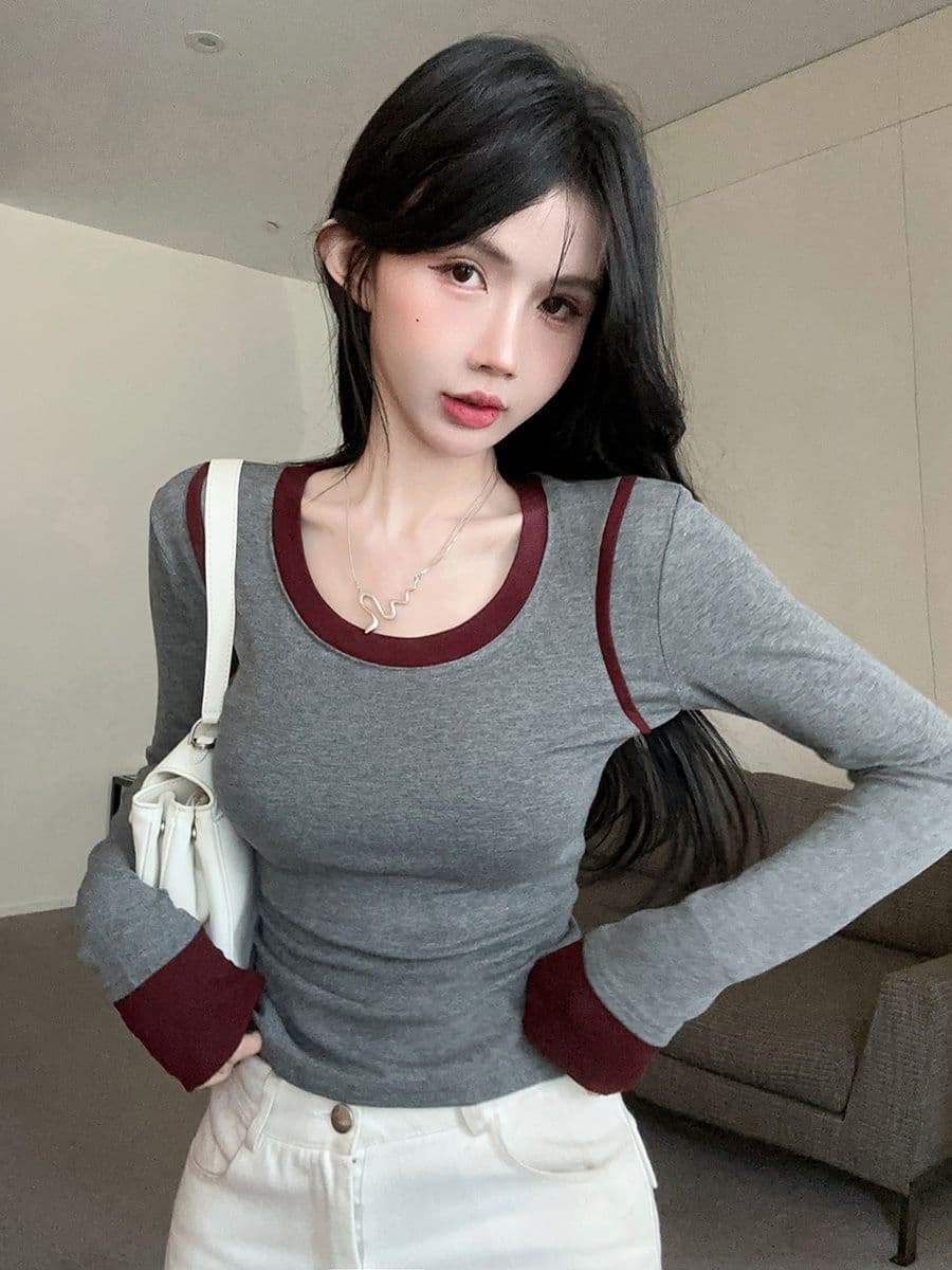 연삭 털 페이크 레이어드 긴팔 라운드 넥 티셔츠 맨위 기본 셔츠 마이크로 지방 핫걸 몸매 가꾸기 슬림해 보이는 인사이드 가져 가라. 상세 이미지 5