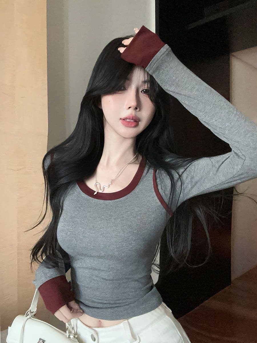 연삭 털 페이크 레이어드 긴팔 라운드 넥 티셔츠 맨위 기본 셔츠 마이크로 지방 핫걸 몸매 가꾸기 슬림해 보이는 인사이드 가져 가라. 상세 이미지 9