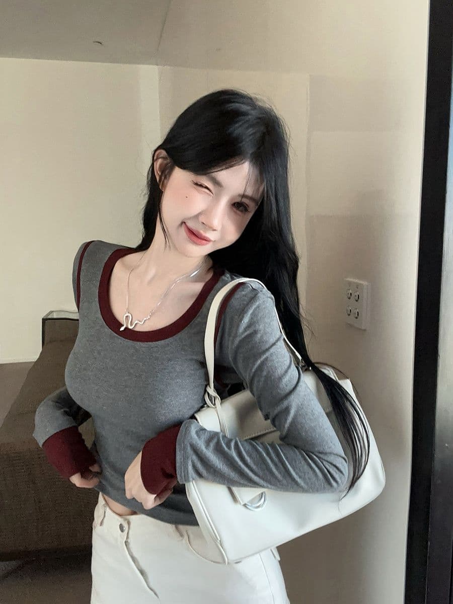 연삭 털 페이크 레이어드 긴팔 라운드 넥 티셔츠 맨위 기본 셔츠 마이크로 지방 핫걸 몸매 가꾸기 슬림해 보이는 인사이드 가져 가라. 상세 이미지 10