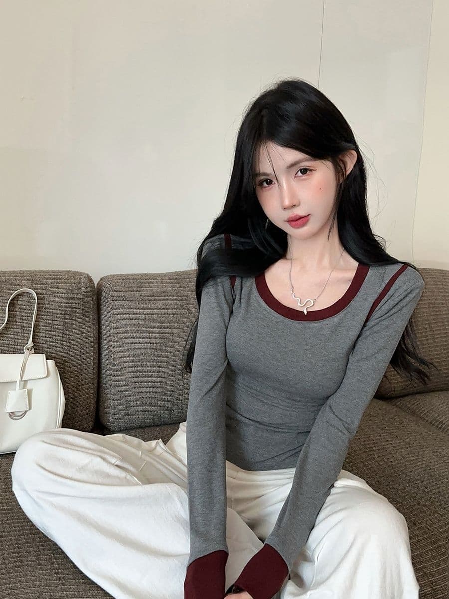 연삭 털 페이크 레이어드 긴팔 라운드 넥 티셔츠 맨위 기본 셔츠 마이크로 지방 핫걸 몸매 가꾸기 슬림해 보이는 인사이드 가져 가라. 상세 이미지 11