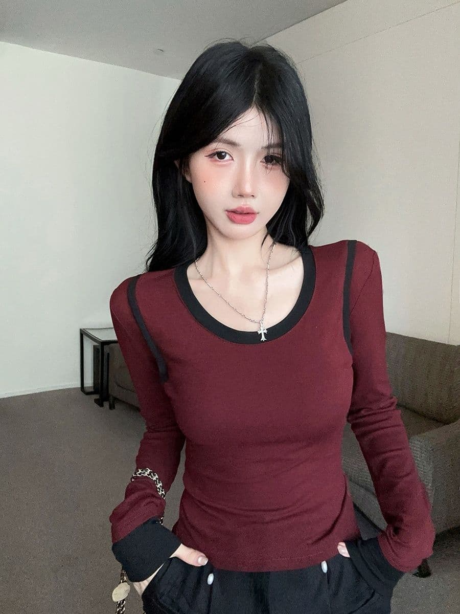 연삭 털 페이크 레이어드 긴팔 라운드 넥 티셔츠 맨위 기본 셔츠 마이크로 지방 핫걸 몸매 가꾸기 슬림해 보이는 인사이드 가져 가라. 상세 이미지 13