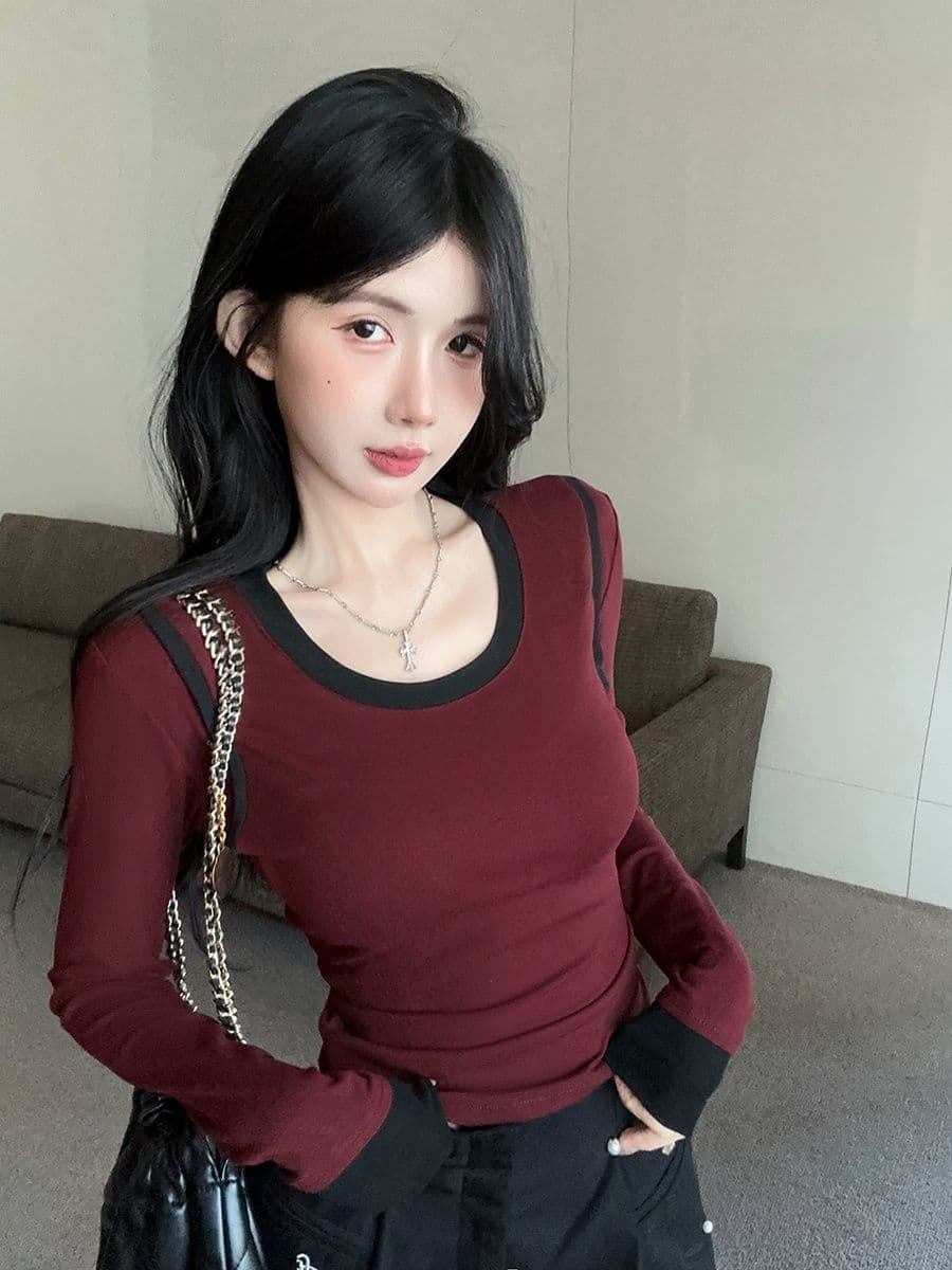 연삭 털 페이크 레이어드 긴팔 라운드 넥 티셔츠 맨위 기본 셔츠 마이크로 지방 핫걸 몸매 가꾸기 슬림해 보이는 인사이드 가져 가라. 상세 이미지 14