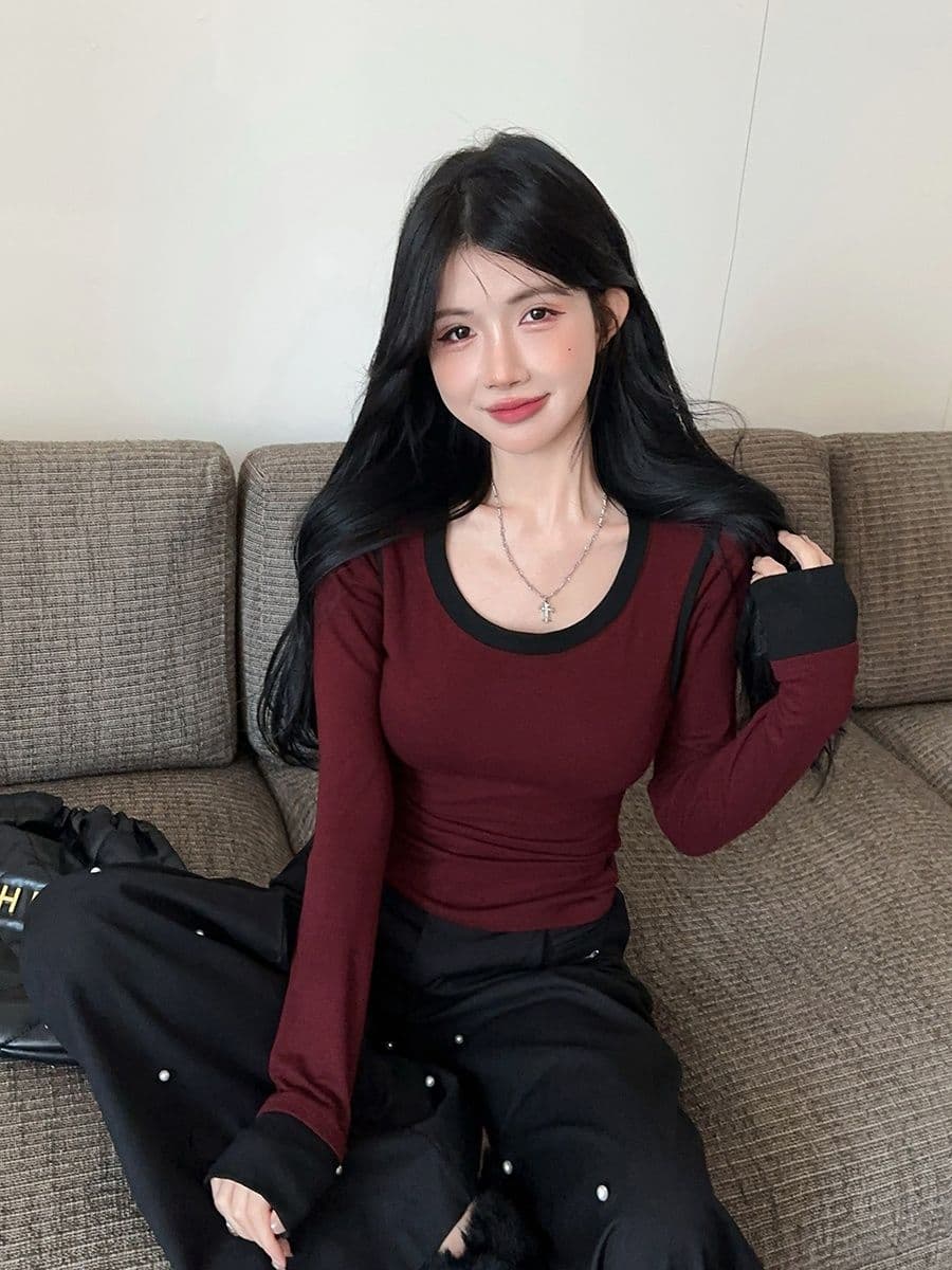 연삭 털 페이크 레이어드 긴팔 라운드 넥 티셔츠 맨위 기본 셔츠 마이크로 지방 핫걸 몸매 가꾸기 슬림해 보이는 인사이드 가져 가라. 상세 이미지 17