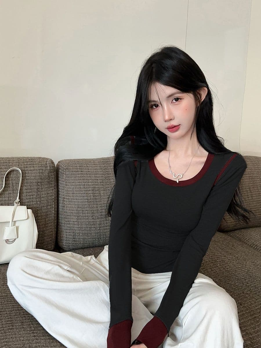 연삭 털 페이크 레이어드 긴팔 라운드 넥 티셔츠 맨위 기본 셔츠 마이크로 지방 핫걸 몸매 가꾸기 슬림해 보이는 인사이드 가져 가라. 상세 이미지 19