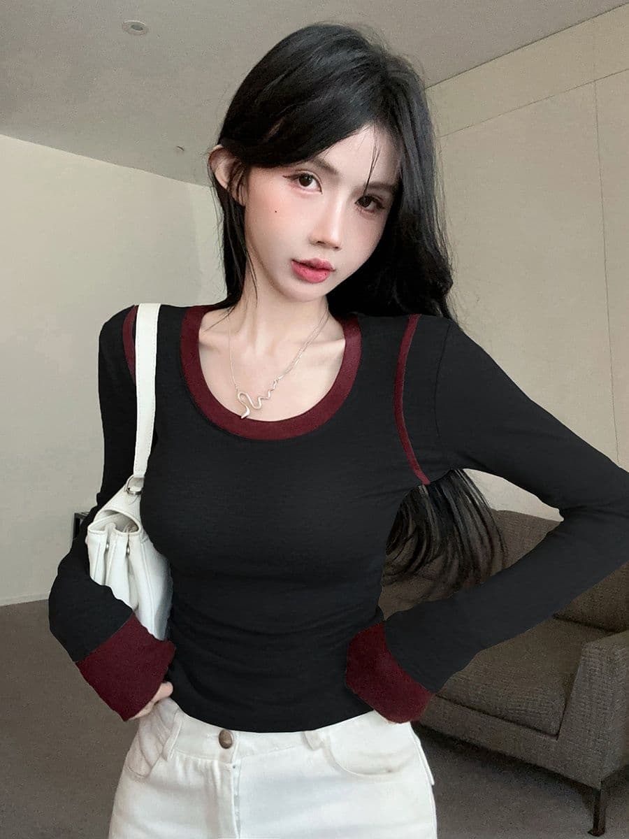 연삭 털 페이크 레이어드 긴팔 라운드 넥 티셔츠 맨위 기본 셔츠 마이크로 지방 핫걸 몸매 가꾸기 슬림해 보이는 인사이드 가져 가라. 상세 이미지 20
