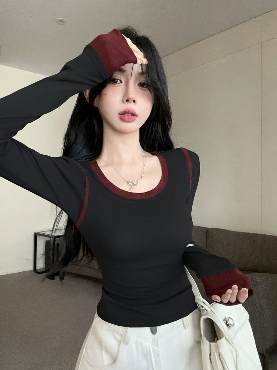 연삭 털 페이크 레이어드 긴팔 라운드 넥 티셔츠 맨위 기본 셔츠 마이크로 지방 핫걸 몸매 가꾸기 슬림해 보이는 인사이드 가져 가라. 상세 이미지 21