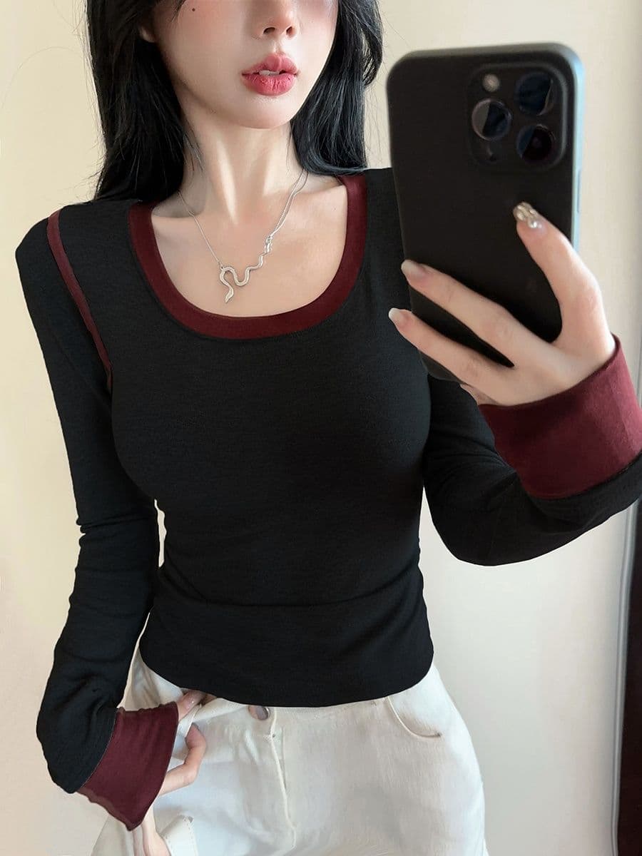 연삭 털 페이크 레이어드 긴팔 라운드 넥 티셔츠 맨위 기본 셔츠 마이크로 지방 핫걸 몸매 가꾸기 슬림해 보이는 인사이드 가져 가라. 상세 이미지 22