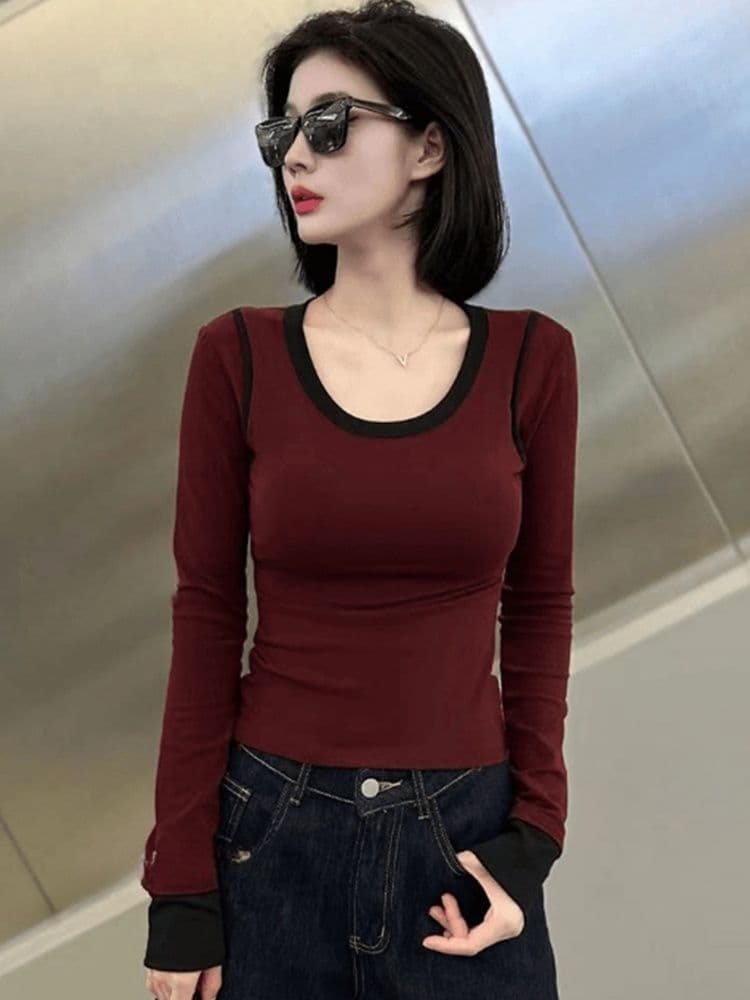 연삭 털 페이크 레이어드 긴팔 라운드 넥 티셔츠 맨위 기본 셔츠 마이크로 지방 핫걸 몸매 가꾸기 슬림해 보이는 인사이드 가져 가라. 상세 이미지 25