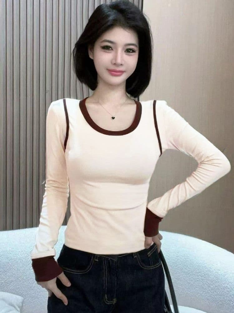 연삭 털 페이크 레이어드 긴팔 라운드 넥 티셔츠 맨위 기본 셔츠 마이크로 지방 핫걸 몸매 가꾸기 슬림해 보이는 인사이드 가져 가라. 상세 이미지 26