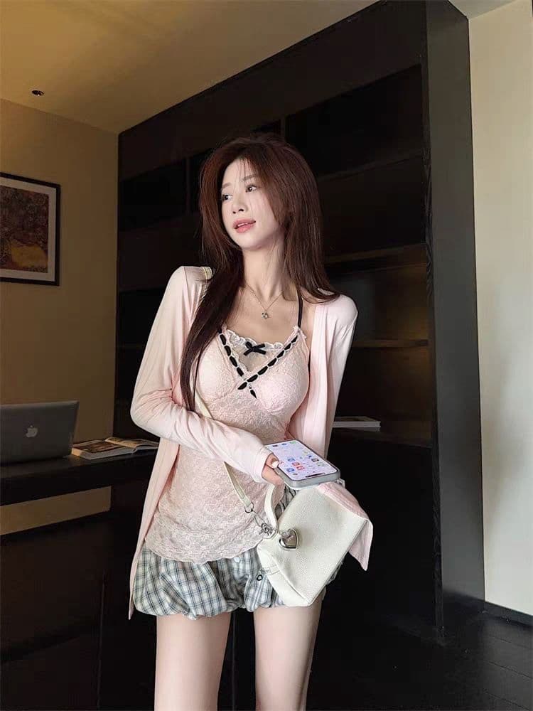 이른 가을 새로운 달콤함 핑크색 세트 긴팔 오픈 가디건 레이스 레이스 조끼 벨트 가슴 패드 몸매 가꾸기 상세 이미지 7