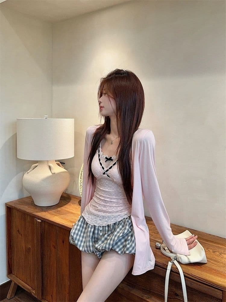 이른 가을 새로운 달콤함 핑크색 세트 긴팔 오픈 가디건 레이스 레이스 조끼 벨트 가슴 패드 몸매 가꾸기 상세 이미지 10