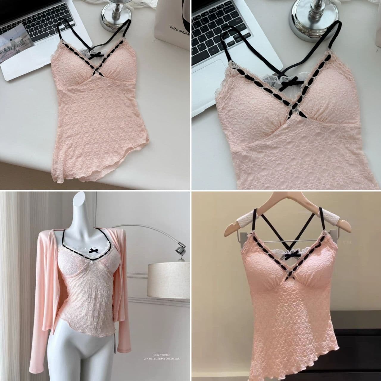 이른 가을 새로운 달콤함 핑크색 세트 긴팔 오픈 가디건 레이스 레이스 조끼 벨트 가슴 패드 몸매 가꾸기 상세 이미지 16