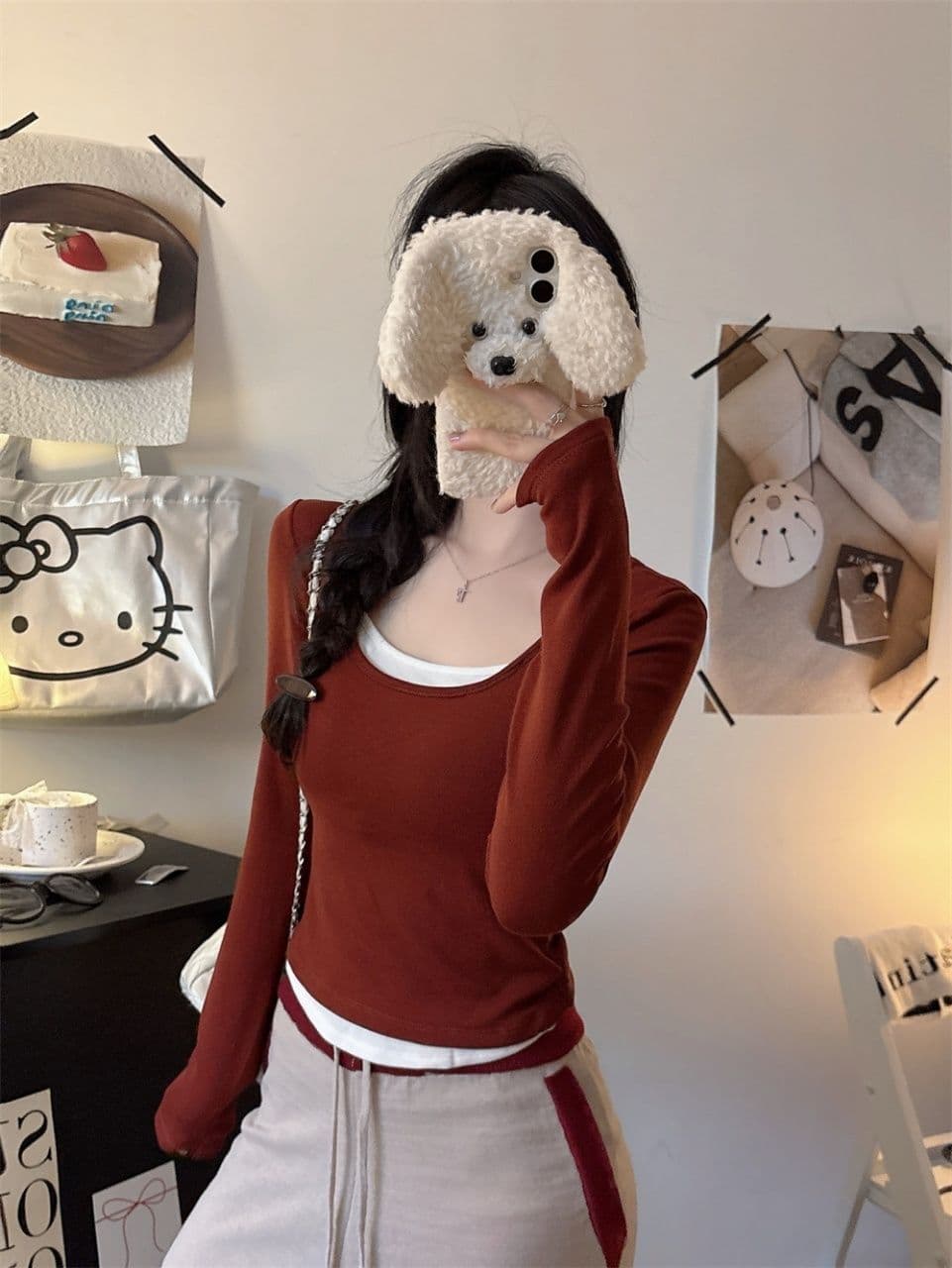 연삭 털 티셔츠 여성 페이크 레이어드 패치워크 색상 기본 셔츠 여성 긴 소매 슬림해 보이는 없음 흔적 라운드 넥 맨위 외출용 상세 이미지 11