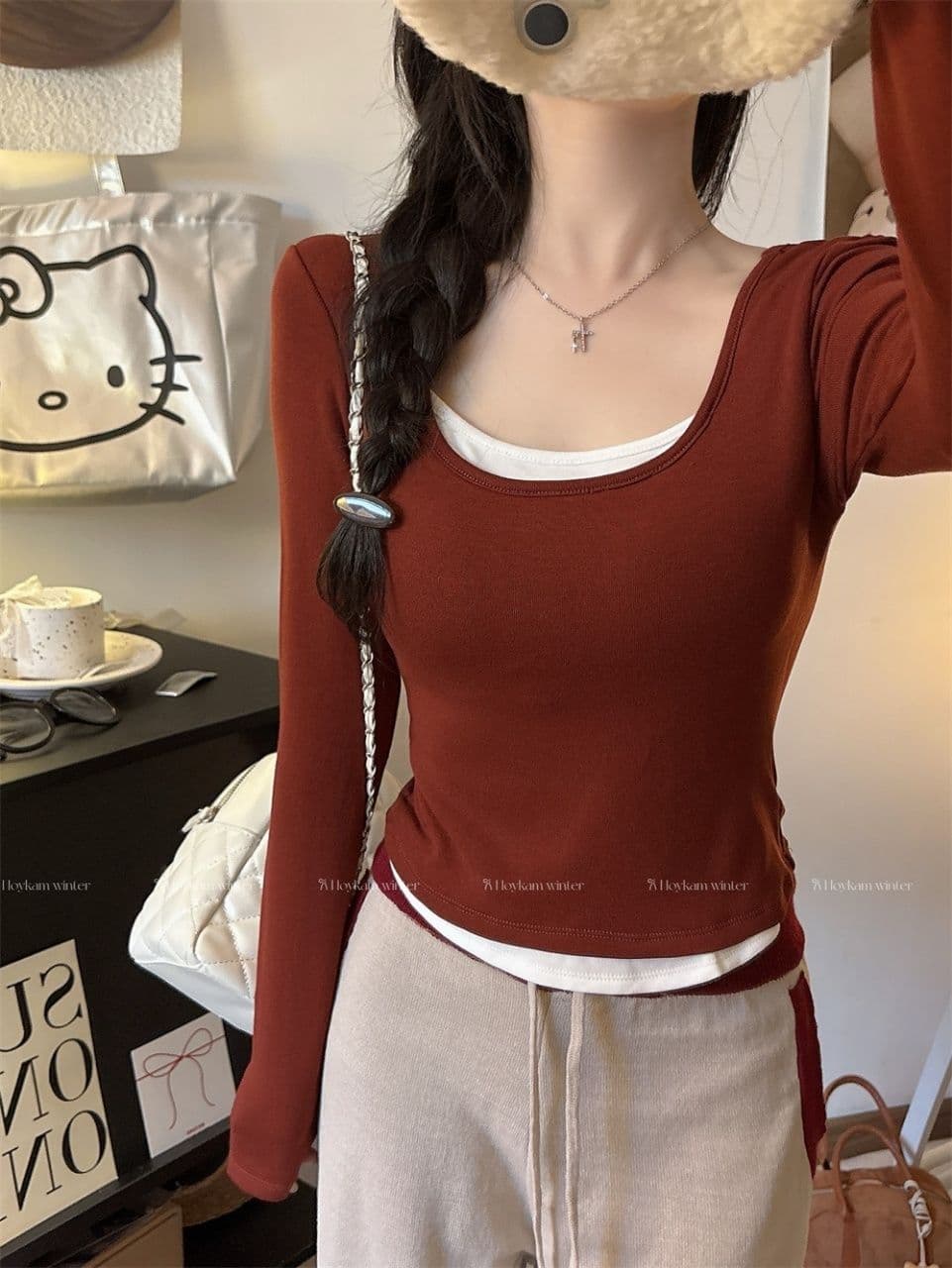 연삭 털 티셔츠 여성 페이크 레이어드 패치워크 색상 기본 셔츠 여성 긴 소매 슬림해 보이는 없음 흔적 라운드 넥 맨위 외출용 상세 이미지 12