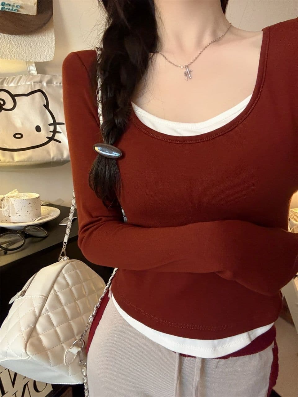 연삭 털 티셔츠 여성 페이크 레이어드 패치워크 색상 기본 셔츠 여성 긴 소매 슬림해 보이는 없음 흔적 라운드 넥 맨위 외출용 상세 이미지 13