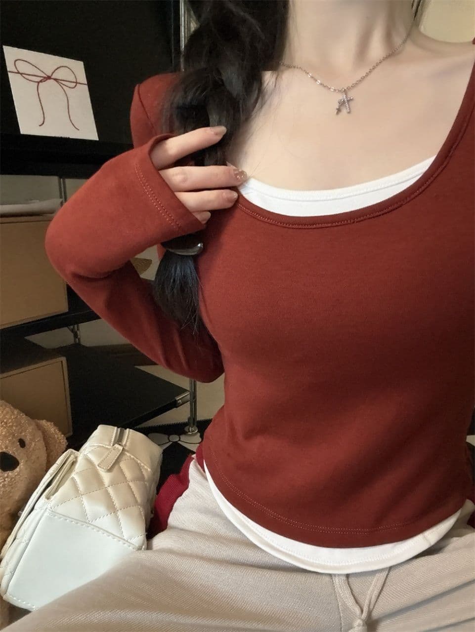 연삭 털 티셔츠 여성 페이크 레이어드 패치워크 색상 기본 셔츠 여성 긴 소매 슬림해 보이는 없음 흔적 라운드 넥 맨위 외출용 상세 이미지 14