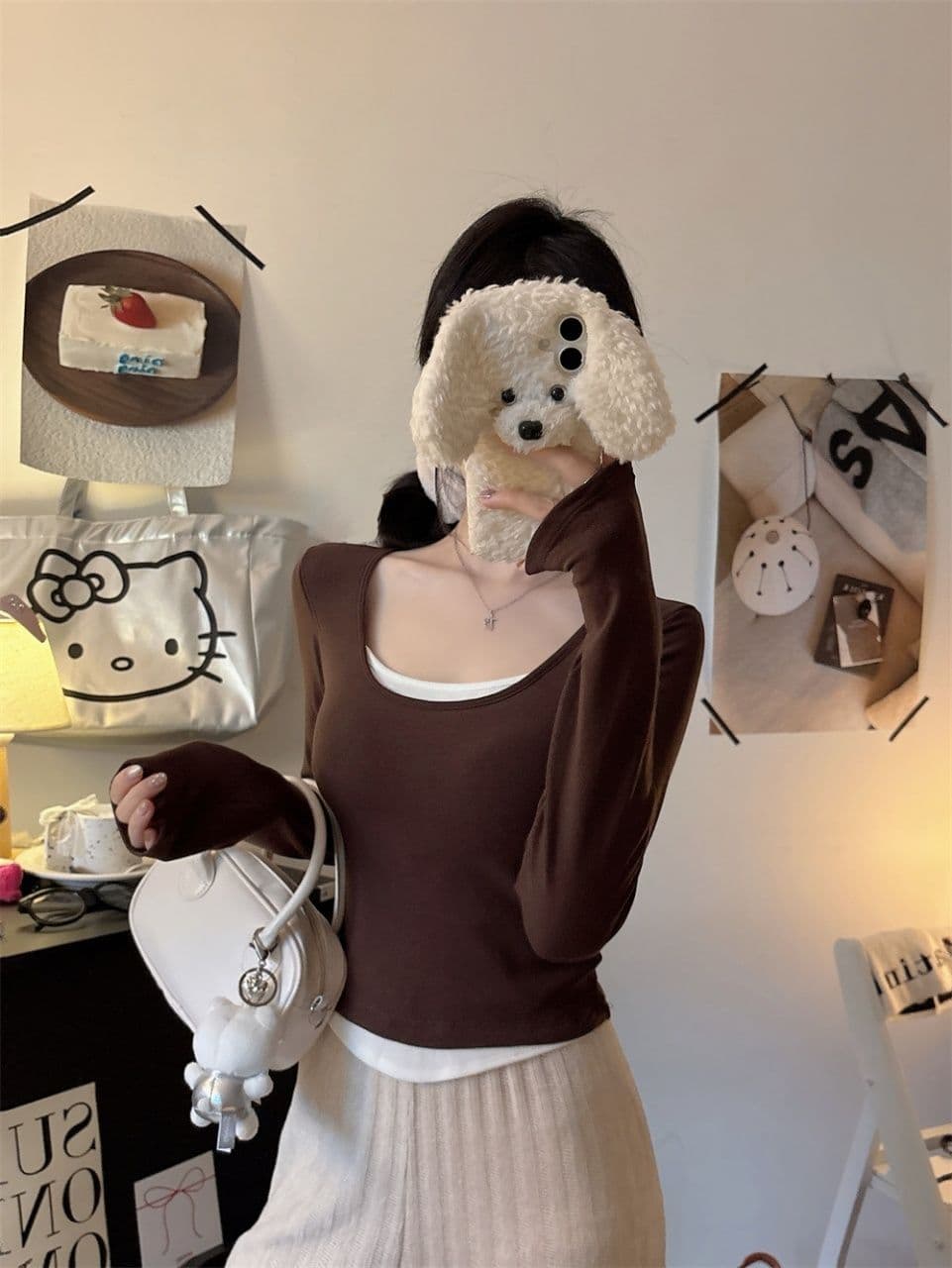 연삭 털 티셔츠 여성 페이크 레이어드 패치워크 색상 기본 셔츠 여성 긴 소매 슬림해 보이는 없음 흔적 라운드 넥 맨위 외출용 상세 이미지 17