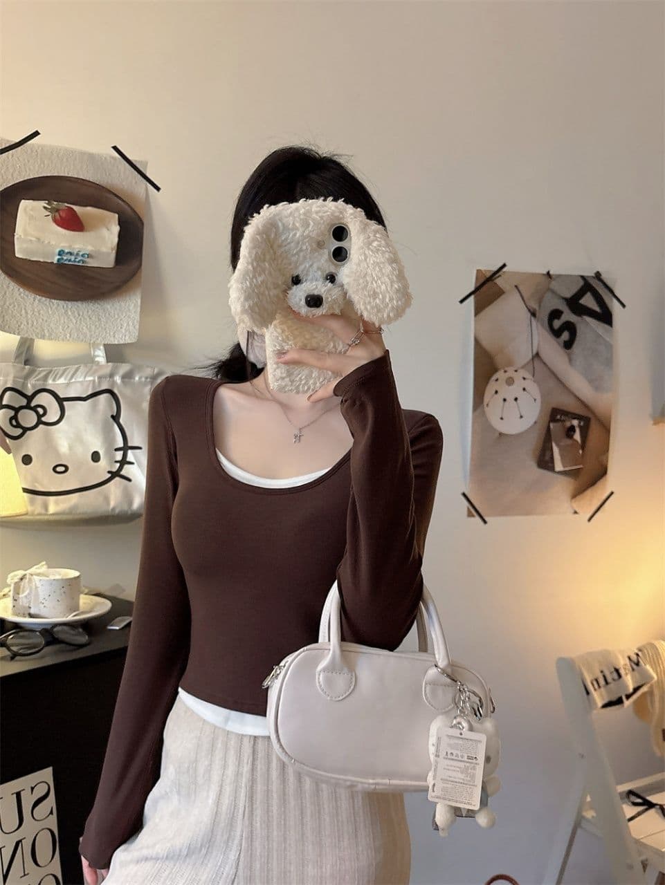 연삭 털 티셔츠 여성 페이크 레이어드 패치워크 색상 기본 셔츠 여성 긴 소매 슬림해 보이는 없음 흔적 라운드 넥 맨위 외출용 상세 이미지 18