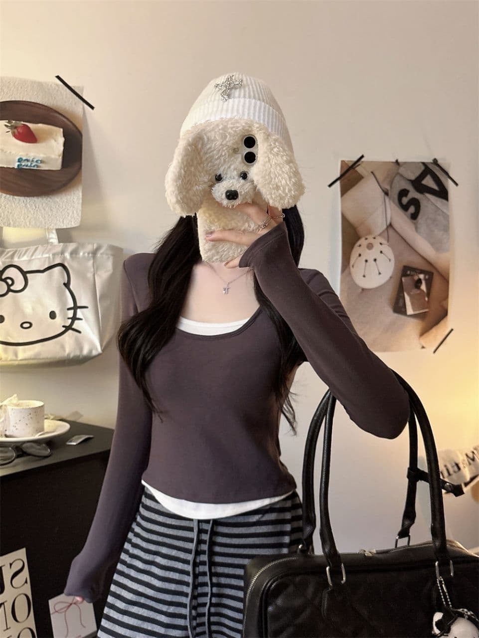연삭 털 티셔츠 여성 페이크 레이어드 패치워크 색상 기본 셔츠 여성 긴 소매 슬림해 보이는 없음 흔적 라운드 넥 맨위 외출용 상세 이미지 21