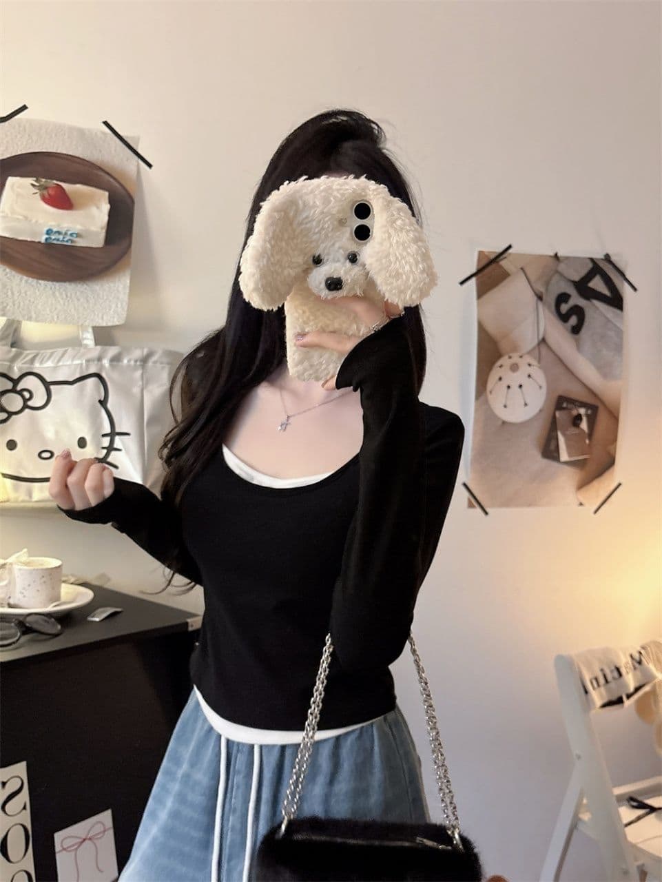 연삭 털 티셔츠 여성 페이크 레이어드 패치워크 색상 기본 셔츠 여성 긴 소매 슬림해 보이는 없음 흔적 라운드 넥 맨위 외출용 상세 이미지 25
