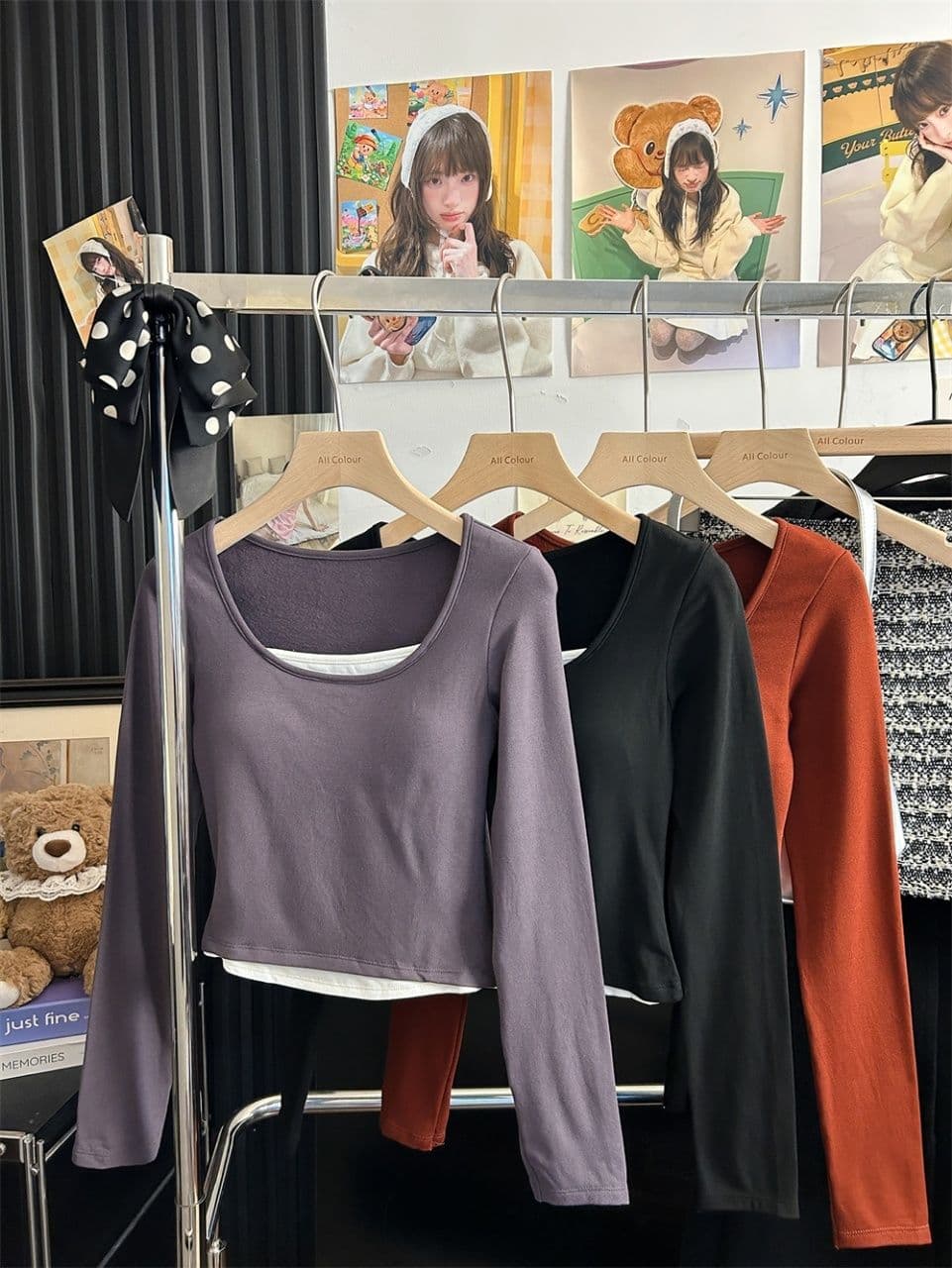 연삭 털 티셔츠 여성 페이크 레이어드 패치워크 색상 기본 셔츠 여성 긴 소매 슬림해 보이는 없음 흔적 라운드 넥 맨위 외출용 상세 이미지 33