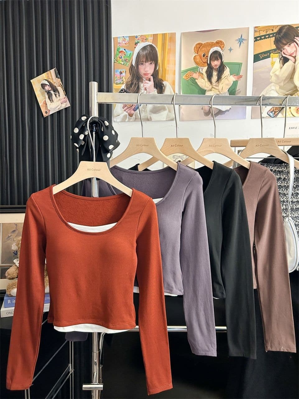연삭 털 티셔츠 여성 페이크 레이어드 패치워크 색상 기본 셔츠 여성 긴 소매 슬림해 보이는 없음 흔적 라운드 넥 맨위 외출용 상세 이미지 34