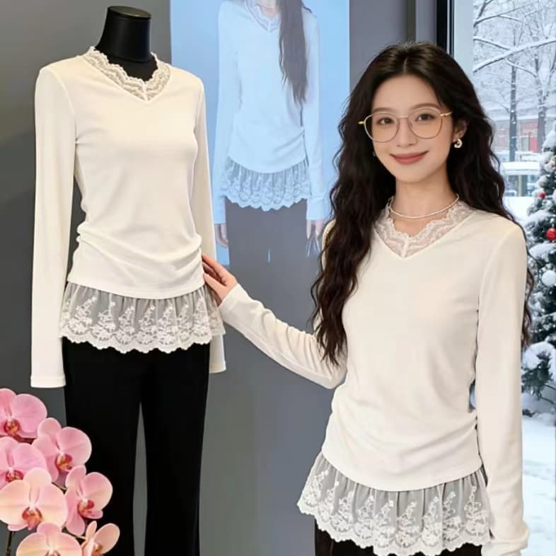 가을 새로운 한 부서 레이스 레이스 라운드 넥 패치워크 긴팔 티셔츠 여성 패션 Chic 다용도 맨위