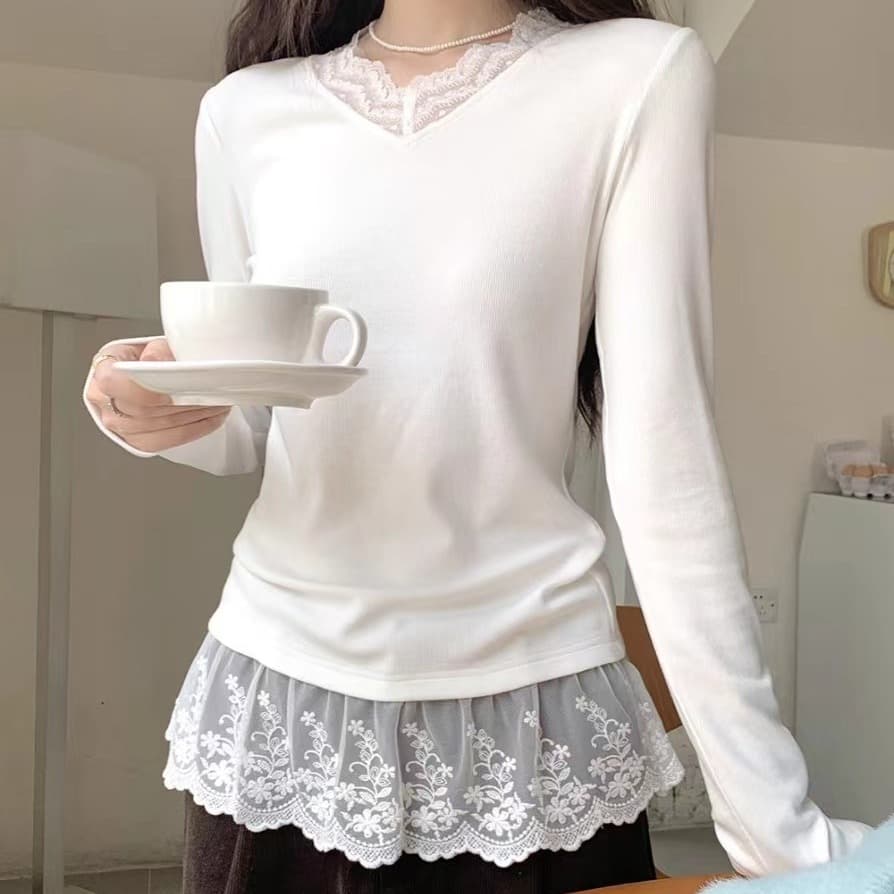 가을 새로운 한 부서 레이스 레이스 라운드 넥 패치워크 긴팔 티셔츠 여성 패션 Chic 다용도 맨위 이미지 5