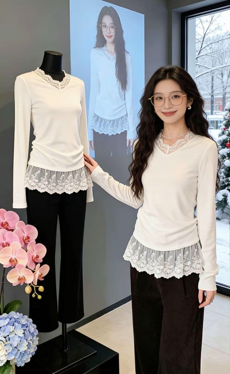 가을 새로운 한 부서 레이스 레이스 라운드 넥 패치워크 긴팔 티셔츠 여성 패션 Chic 다용도 맨위 상세 이미지 6