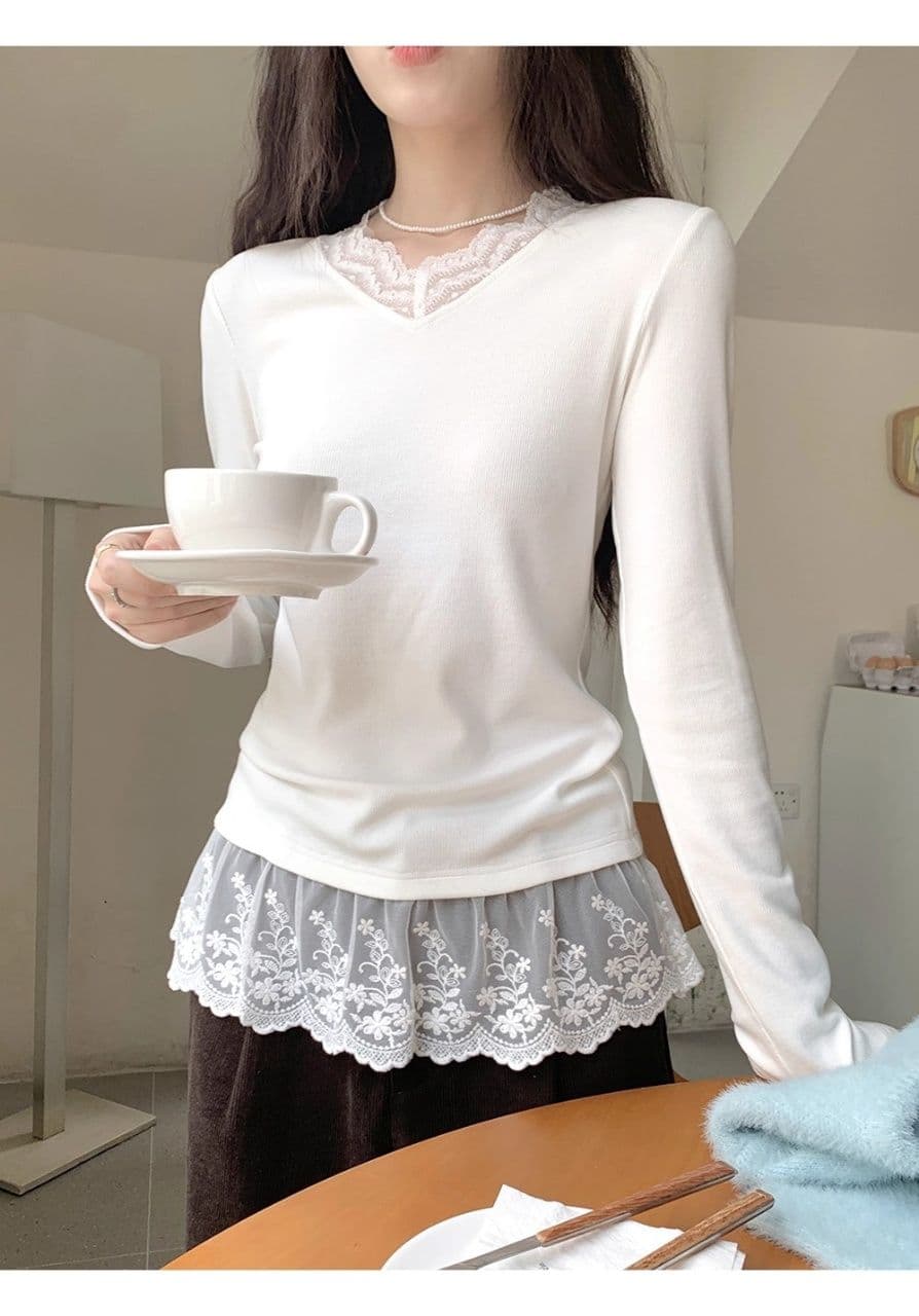 가을 새로운 한 부서 레이스 레이스 라운드 넥 패치워크 긴팔 티셔츠 여성 패션 Chic 다용도 맨위 상세 이미지 7