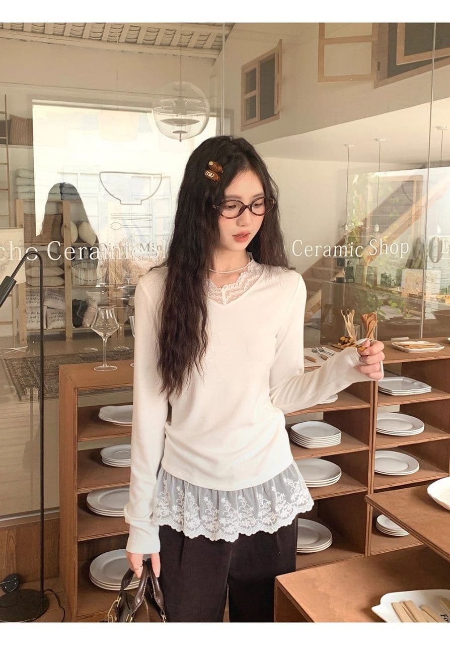 가을 새로운 한 부서 레이스 레이스 라운드 넥 패치워크 긴팔 티셔츠 여성 패션 Chic 다용도 맨위 상세 이미지 8