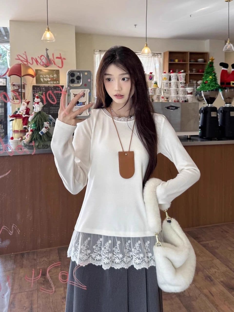 가을 새로운 한 부서 레이스 레이스 라운드 넥 패치워크 긴팔 티셔츠 여성 패션 Chic 다용도 맨위 상세 이미지 14