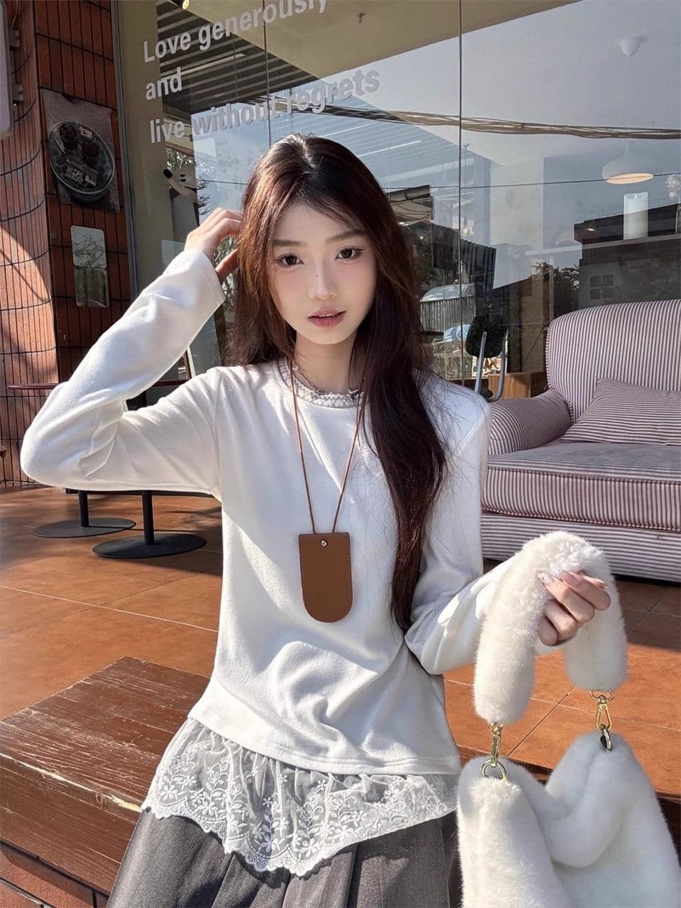 가을 새로운 한 부서 레이스 레이스 라운드 넥 패치워크 긴팔 티셔츠 여성 패션 Chic 다용도 맨위 상세 이미지 15