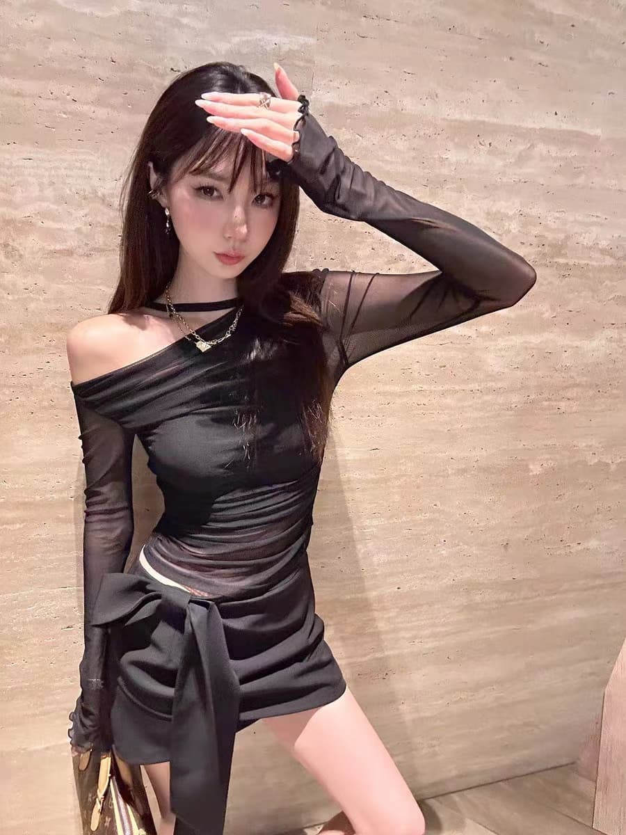 이른 가을 새로운 순수한 욕망 섹시함 투피스 세트 시스루 망사 긴팔 몸매 가꾸기 인사이드 가져 가라. 벨트 가슴 패드 튜브탑 맨위 이미지 4