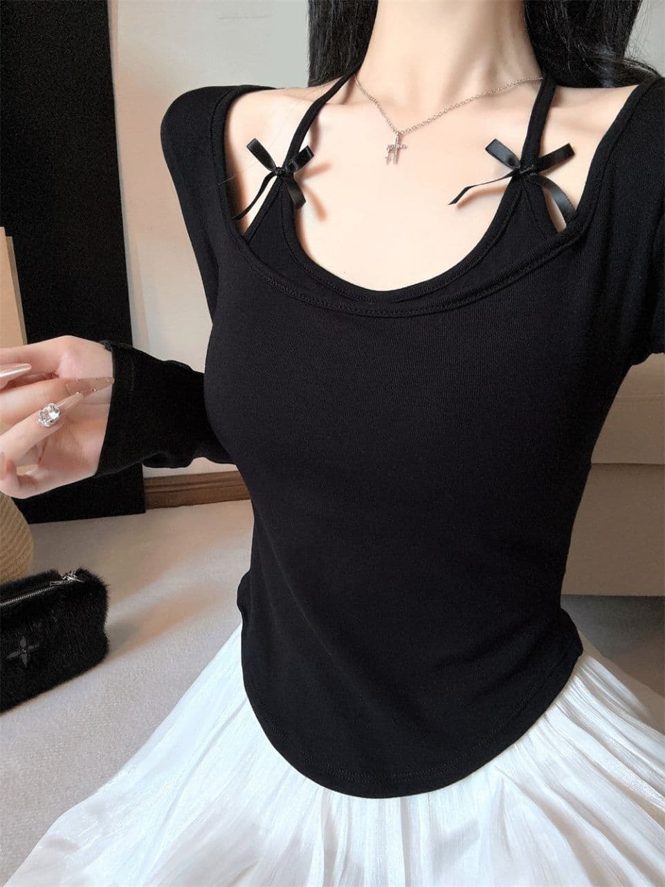 연삭 털 이른 가을 한국 스타일 순수한 욕망 행침 목 나비 매듭 두 조각 슬림해 보이는 디자인 긴팔 티셔츠 여성 의류 맨위 상세 이미지 9