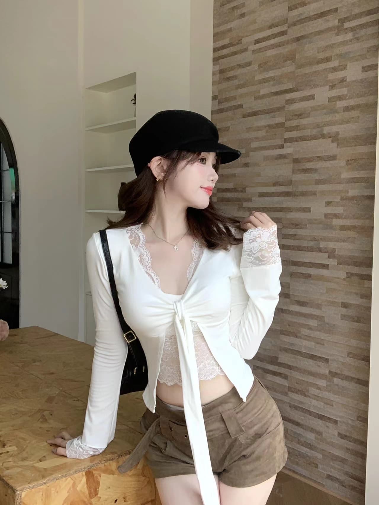 사람들 면 레이스 조각 긴팔 티셔츠 여성 이른 가을 몸매 가꾸기 슬림해 보이는 인사이드 가져 가라. 만나는 맨위 화이트 핑크색 이미지 4