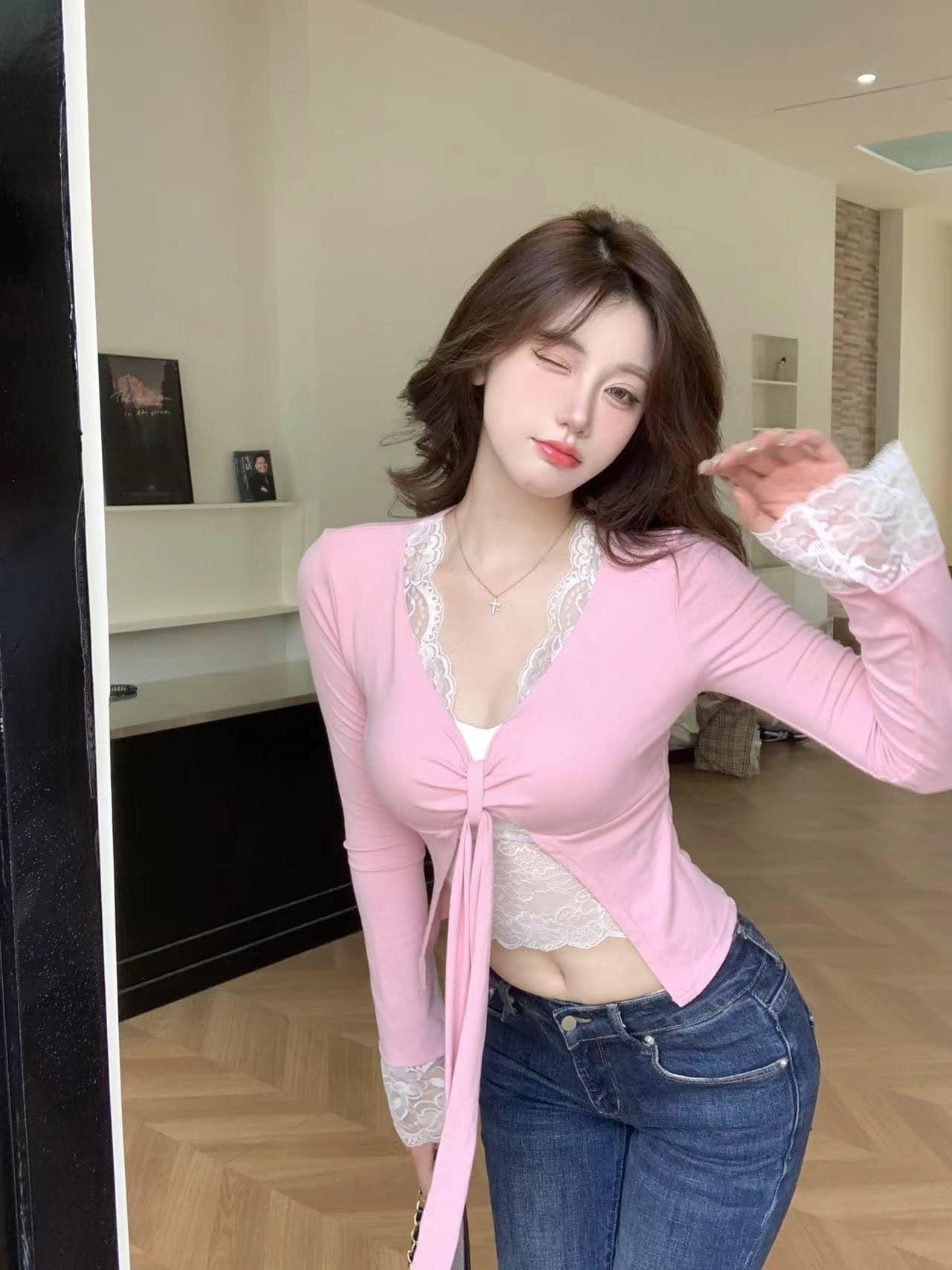 사람들 면 레이스 조각 긴팔 티셔츠 여성 이른 가을 몸매 가꾸기 슬림해 보이는 인사이드 가져 가라. 만나는 맨위 화이트 핑크색 상세 이미지 29
