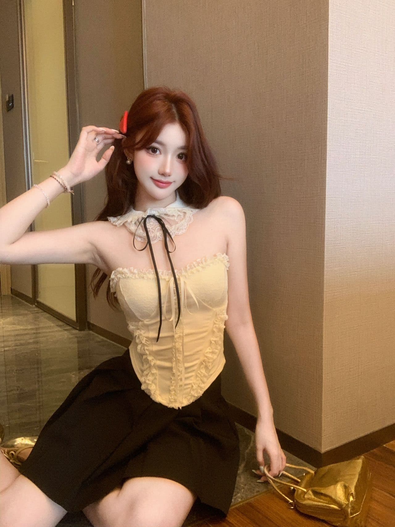 달콤함 프랑스식 순수한 욕망 바람 레이스 행침 목 조끼 여성 벨트 가슴 패드 인사이드 가져 가라. 명문 여성 천 골드 센스 민소매 튜브탑 맨위 상세 이미지 9