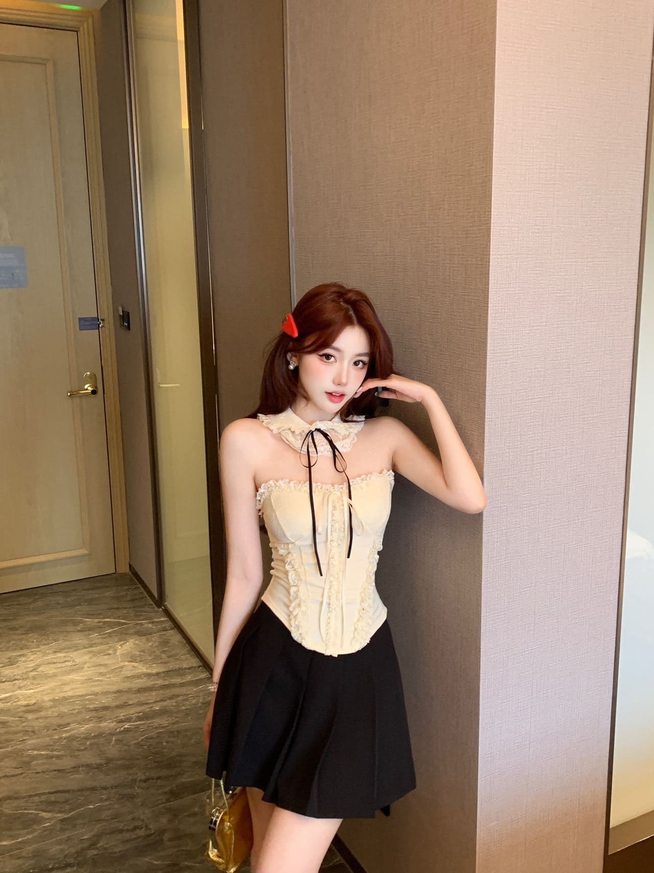 달콤함 프랑스식 순수한 욕망 바람 레이스 행침 목 조끼 여성 벨트 가슴 패드 인사이드 가져 가라. 명문 여성 천 골드 센스 민소매 튜브탑 맨위 상세 이미지 10