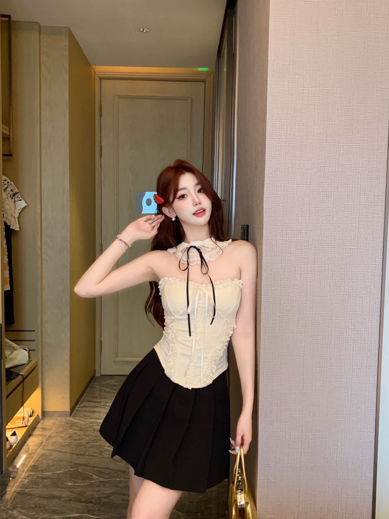 달콤함 프랑스식 순수한 욕망 바람 레이스 행침 목 조끼 여성 벨트 가슴 패드 인사이드 가져 가라. 명문 여성 천 골드 센스 민소매 튜브탑 맨위 상세 이미지 23