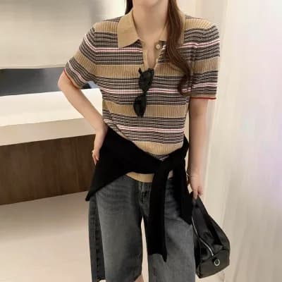 프랑스식 레트로 부드러운 바람 니트 스웨터 반팔 배색 디자인 센스 작은 대중 슬림해 보이는 여름 새로운 맨위 여성 상세 이미지 1